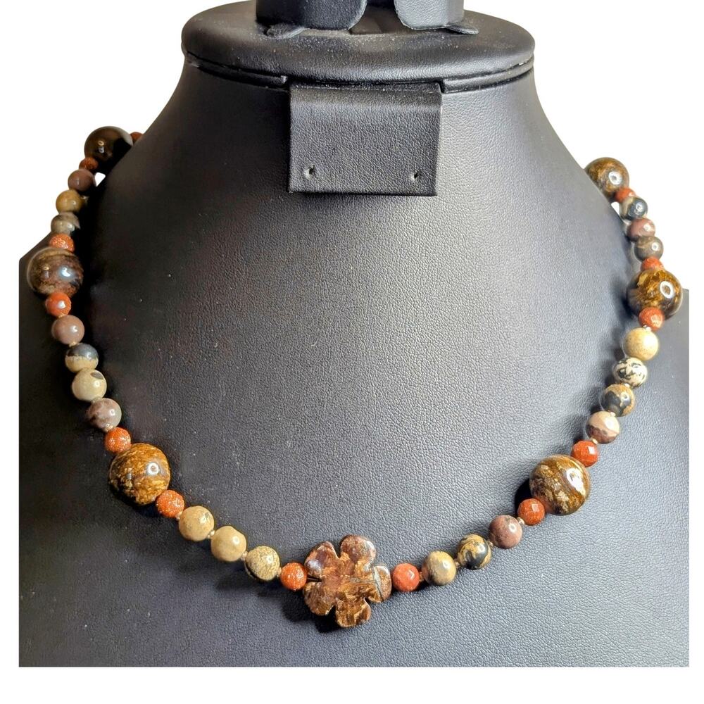 Jasper Agate Brown Stones & Goldstone Beaded Stone Flower 19.5" Necklace